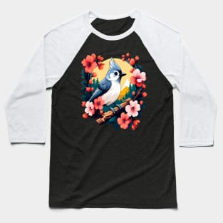 Cute Tufted Titmouse Surrounded by Vibrant Spring Flowers Baseball T-Shirt